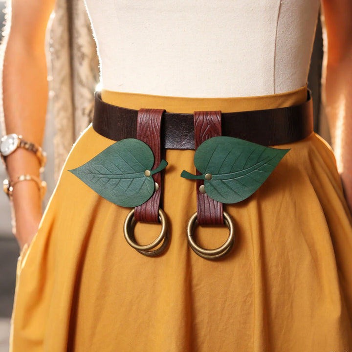 WorldNorse Rustic Leaf-Decorated Leather Bag & Belt - Belt + 2 Green Clips - image 3