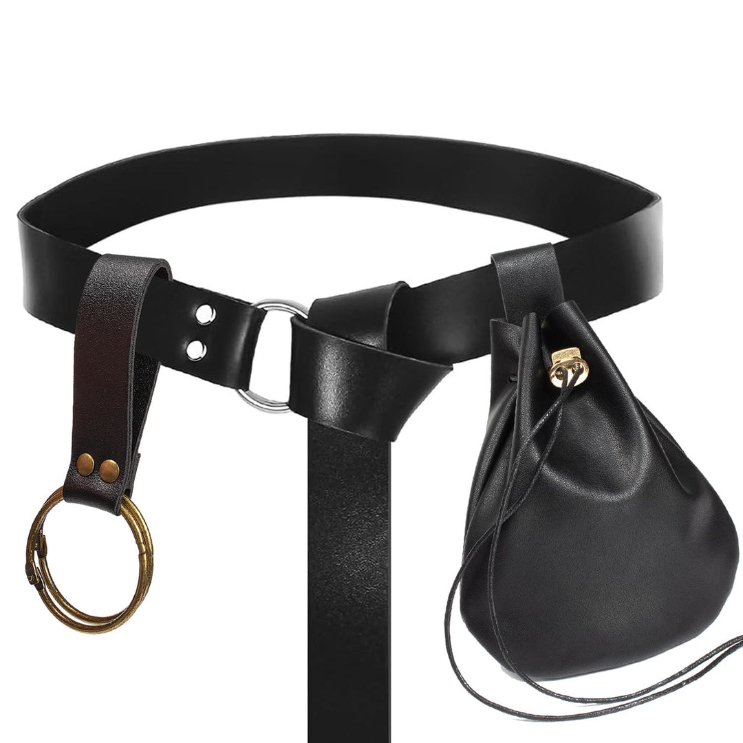 WorldNorse Closure Double Ring Buckle Drawstring Bag & Belt - Belt+Bag+Key Chain - Black - image 10