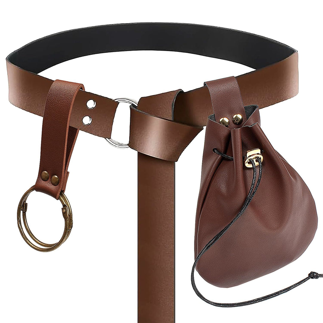 WorldNorse Closure Double Ring Buckle Drawstring Bag & Belt - Belt+Bag+Key Chain - Brown - image 5