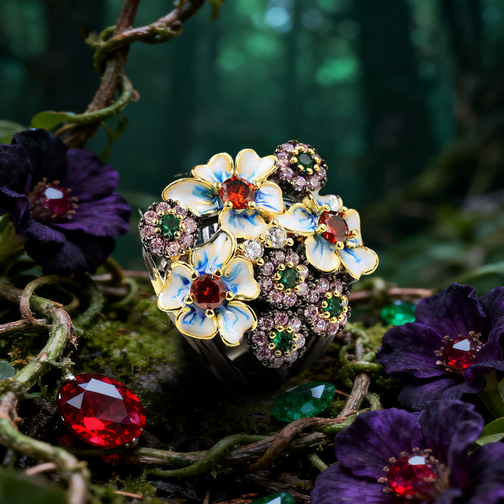WorldNorse Flower Ruby & Emerald Black Ring - UK Size T1/2 (US 10) - image 0