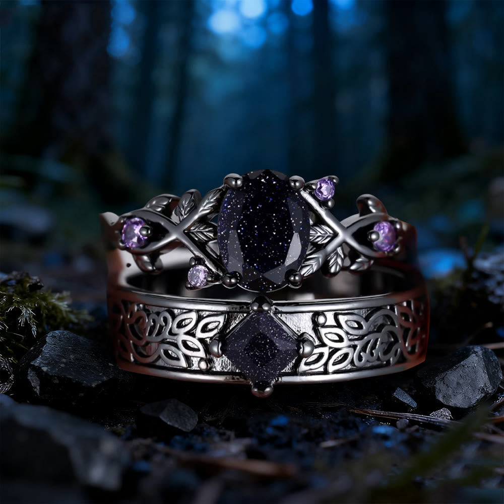 WorldNorse 2 Pcs Blue Sandstone Leaf Ring Set - Blue Sandstone & Amethyst - UK Size T1/2 (US 10) - image 0
