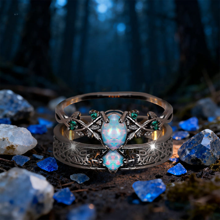 WorldNorse 2 Pcs Blue Sandstone Leaf Ring Set - Opal & Emerald - UK Size T1/2 (US 10) - image 5