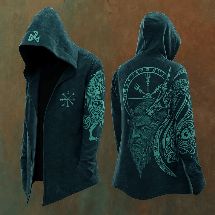 WorldNorse Teal Vegvisir Rune Wolf Symphonic Hooded Jacket - US/UK/AU48，EU58 (4XL) - image 0