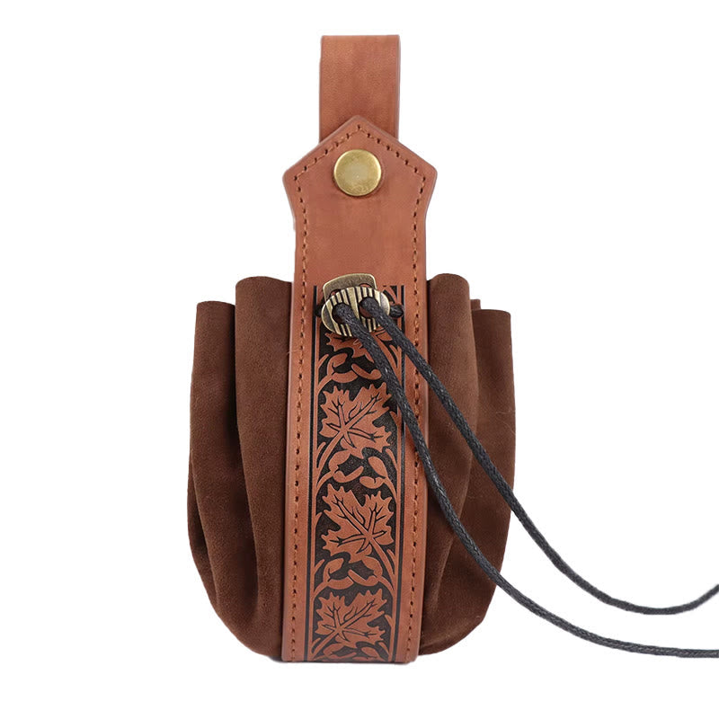 WorldNorse Leaf Leather Strap Drawstring Pouch Bag - Brown - image 1