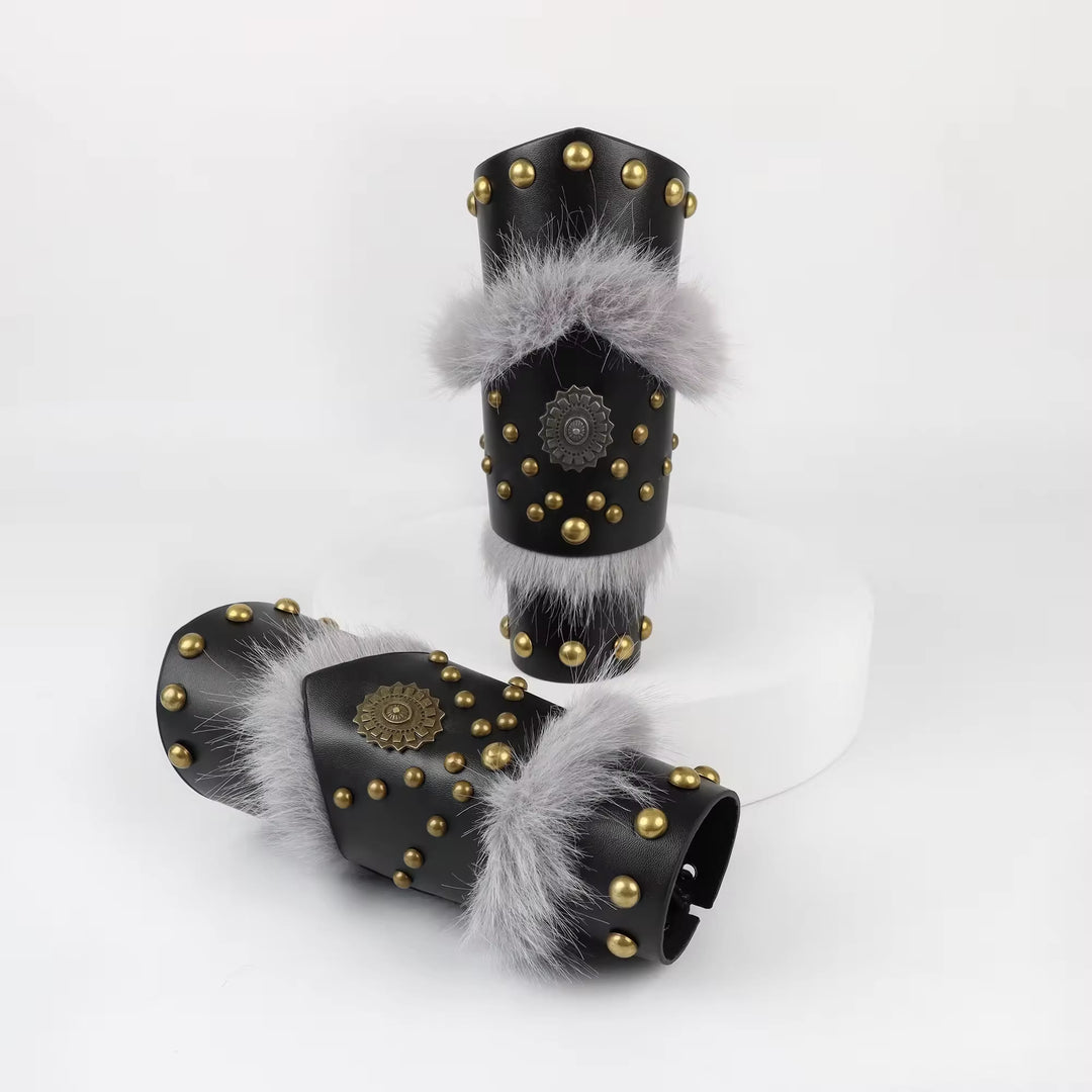 WorldNorse Fur Trimmed Studded Ornamental Arm Bracers - image 8