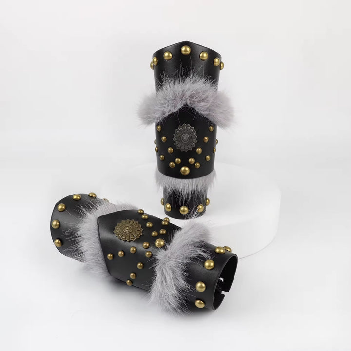 WorldNorse Fur Trimmed Studded Ornamental Arm Bracers - image 8