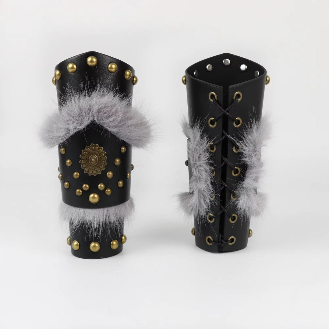 WorldNorse Fur Trimmed Studded Ornamental Arm Bracers - image 7