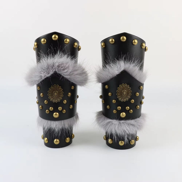 WorldNorse Fur Trimmed Studded Ornamental Arm Bracers - Black - image 6