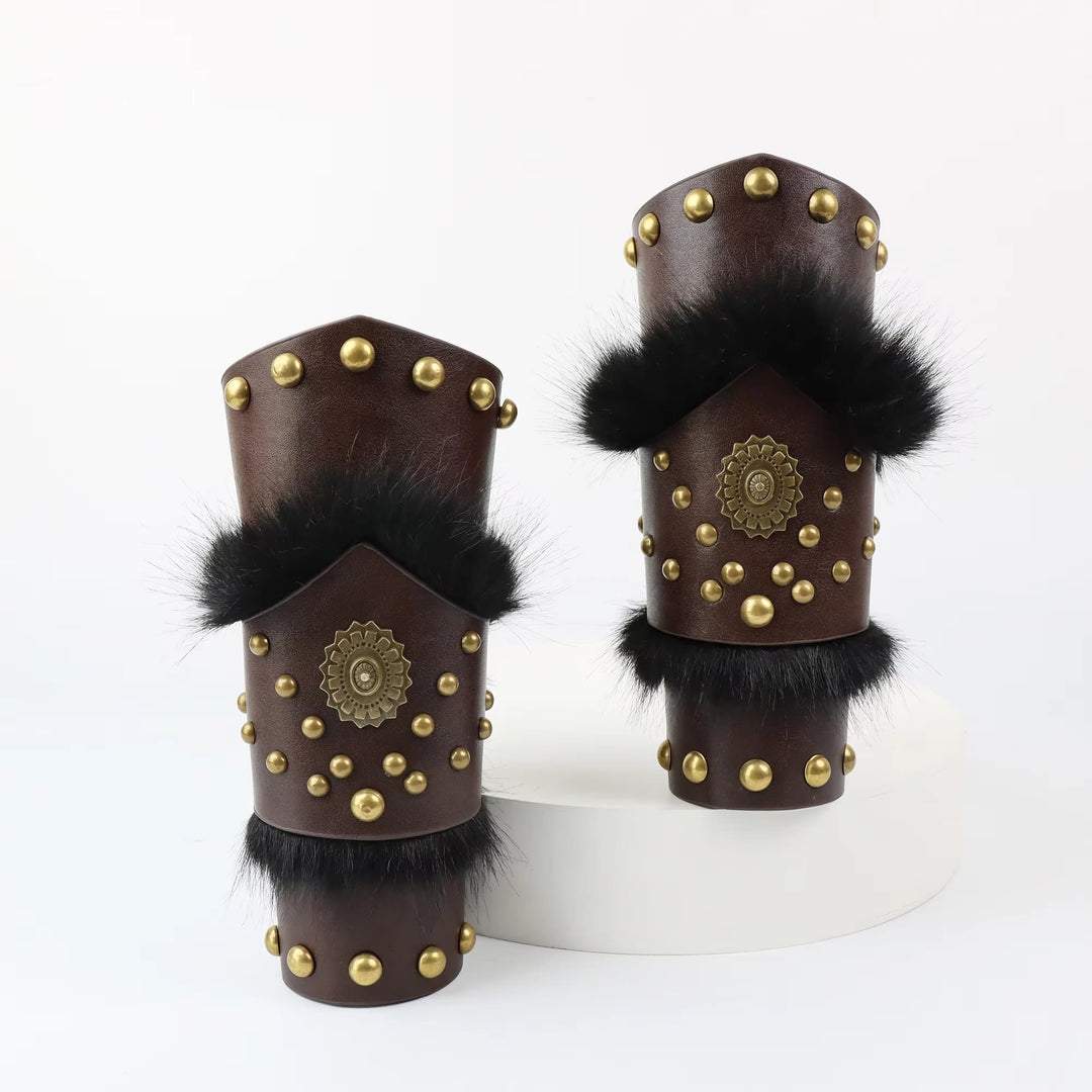 WorldNorse Fur Trimmed Studded Ornamental Arm Bracers - Dark Brown - image 2