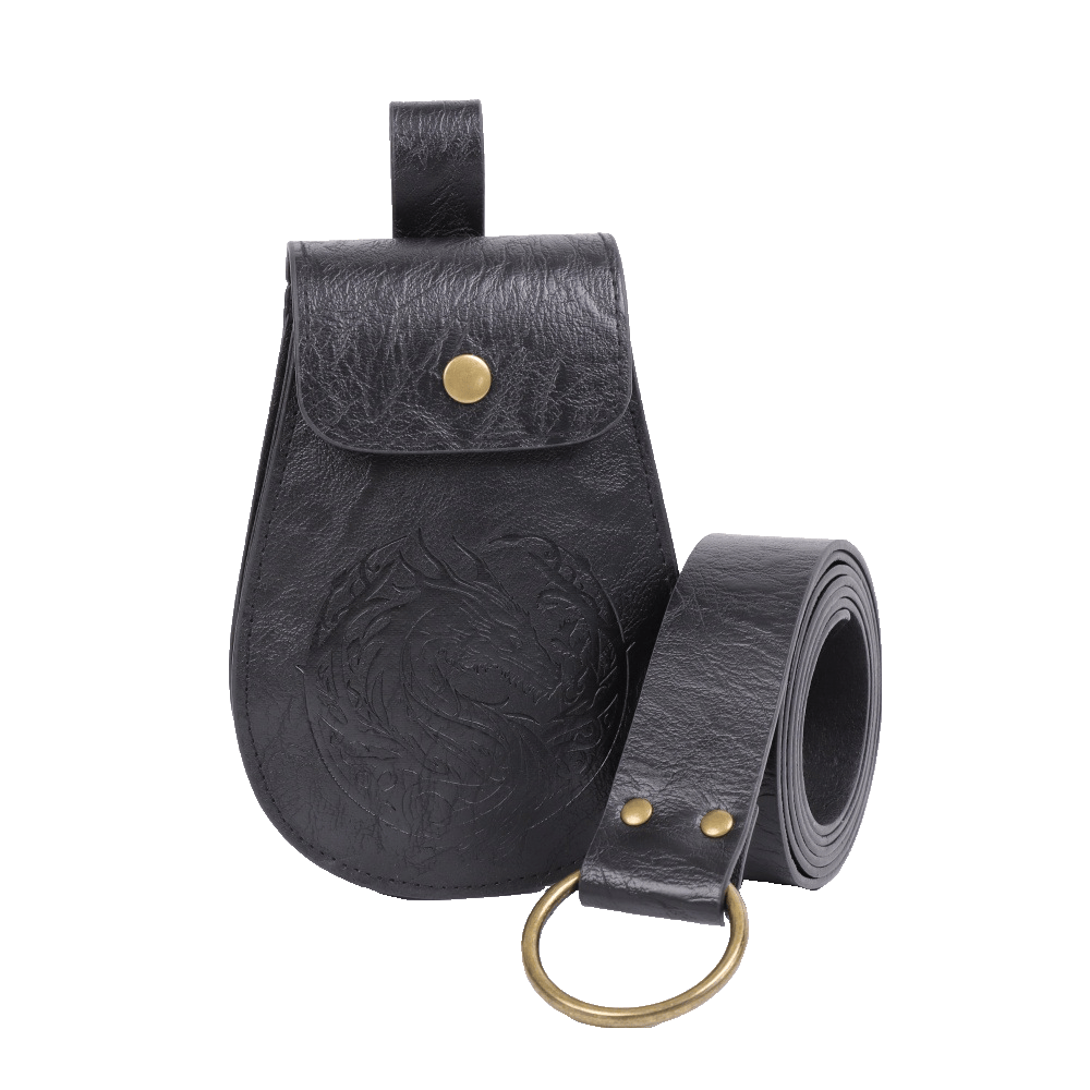 WorldNorse Dragon Emossed Retro Leather Pouch Bag - Bag＋Belt - Black - image 5