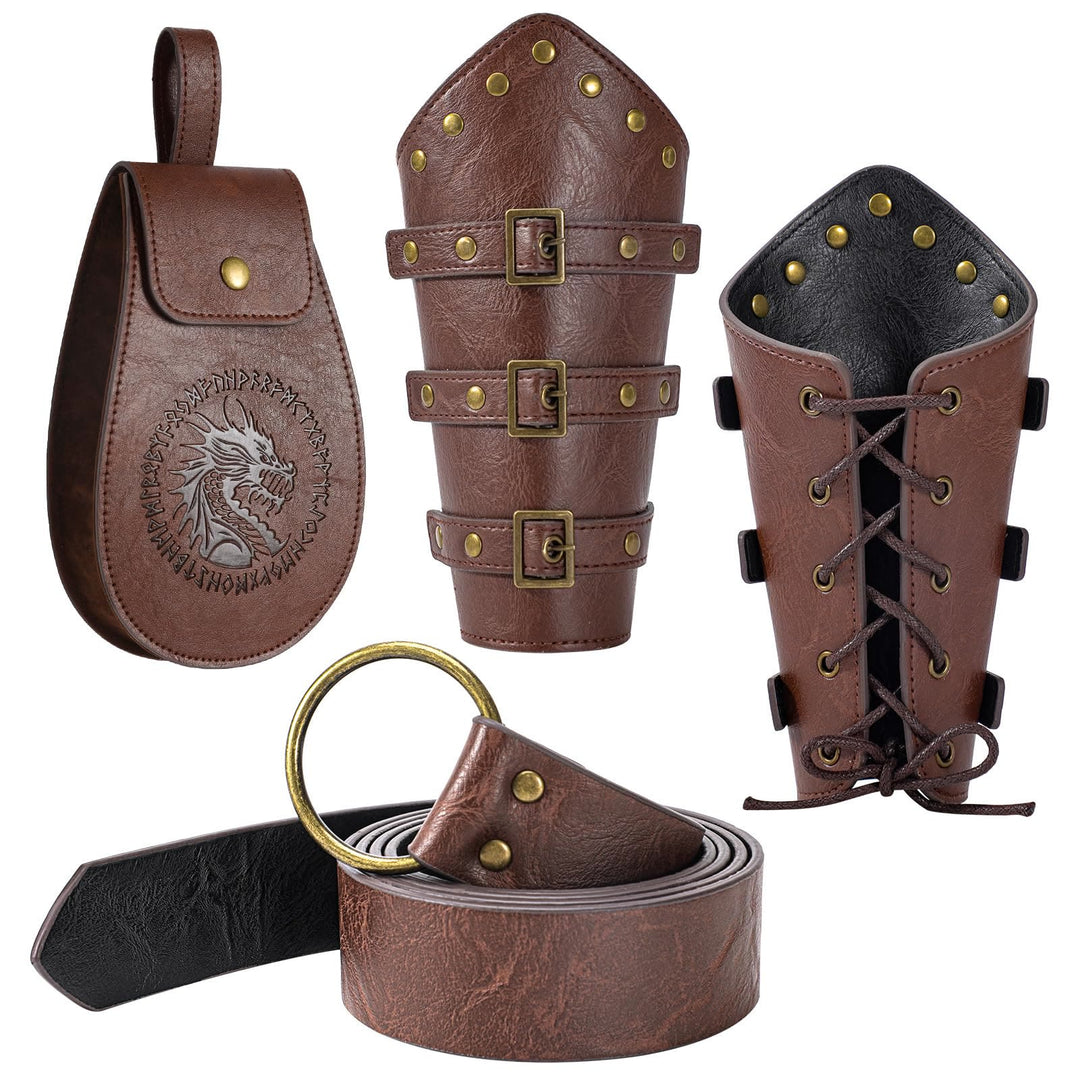WorldNorse Vintage Dragon Embossed Buckled Bag Belt Arm Bracers Sword Belt Sheath Set - Bag＋Belt＋Arm Bracers - Brown - image 0