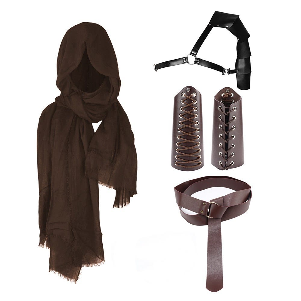 WorldNorse Hooded Scarf Buckled Belt Arm Bracers Waistband Pauldron Set - Brown Lace-up Arm Bracers＋Brown Belt＋Brown Scarf＋Black Pauldron - image 3