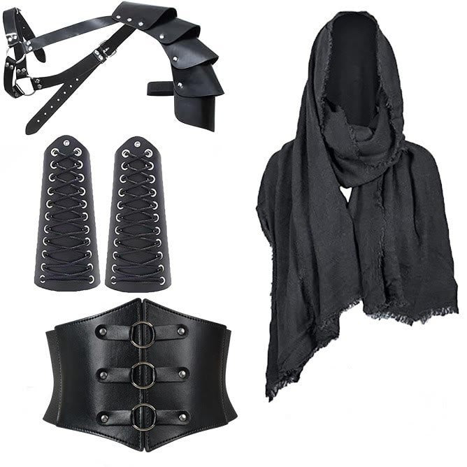 WorldNorse Hooded Scarf Buckled Belt Arm Bracers Waistband Pauldron Set - Black Lace-up Arm Bracers＋Black Waistband＋Black Scarf＋Black Pauldron - image 2