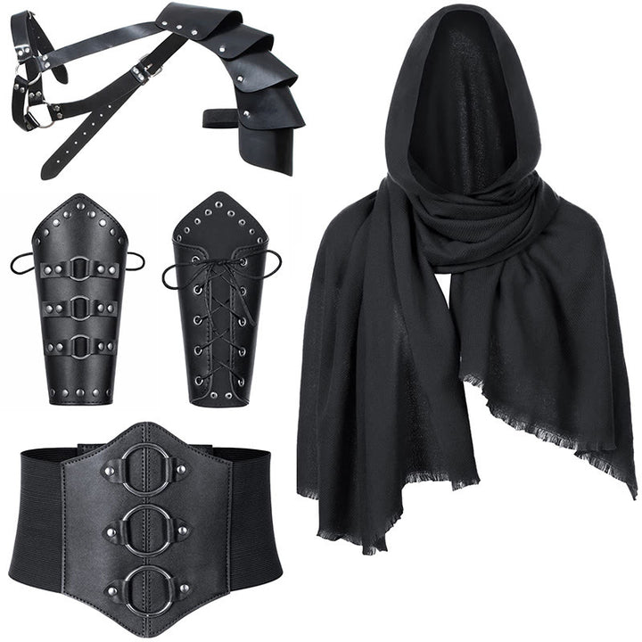 WorldNorse Hooded Scarf Buckled Belt Arm Bracers Waistband Pauldron Set - Black Metal buckle Arm Bracers＋Black Waistband＋Black Scarf＋Black Pauldron - image 1