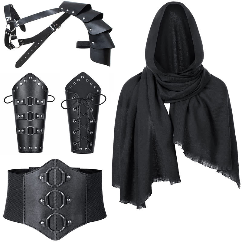 WorldNorse Hooded Scarf Buckled Belt Arm Bracers Waistband Pauldron Set - Black Metal buckle Arm Bracers＋Black Waistband＋Black Scarf＋Black Pauldron - image 1