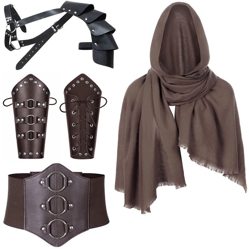 WorldNorse Hooded Scarf Buckled Belt Arm Bracers Waistband Pauldron Set - Brown Metal buckle Arm Bracers＋Brown Waistband＋Brown Scarf＋Black Pauldron - image 0