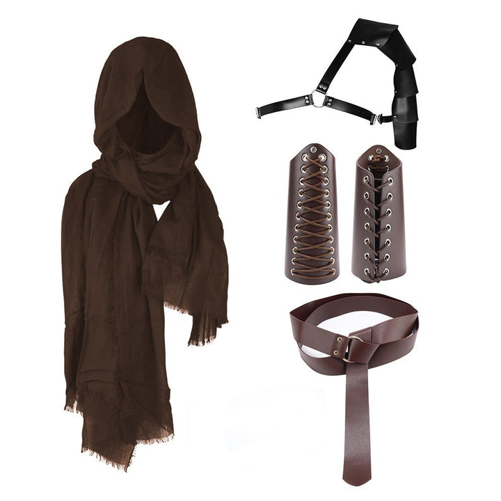 WorldNorse Hooded Scarf Buckled Belt Arm Bracers Waistband Pauldron Set - Brown Lace-up Arm Bracers＋Brown Belt＋Brown Scarf＋Black Pauldron - image 3