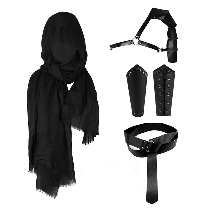 WorldNorse Hooded Scarf Buckled Belt Arm Bracers Waistband Pauldron Set - Black Lace-up Arm Bracers＋Black Belt＋Brown Scarf＋Black Pauldron - image 4