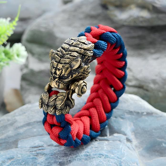WorldNorse Viking Tiger Head Paracord Braided Bracelet - Red & Blue - Inner Circumference: 24cm (Full Length 28cm) - image 0