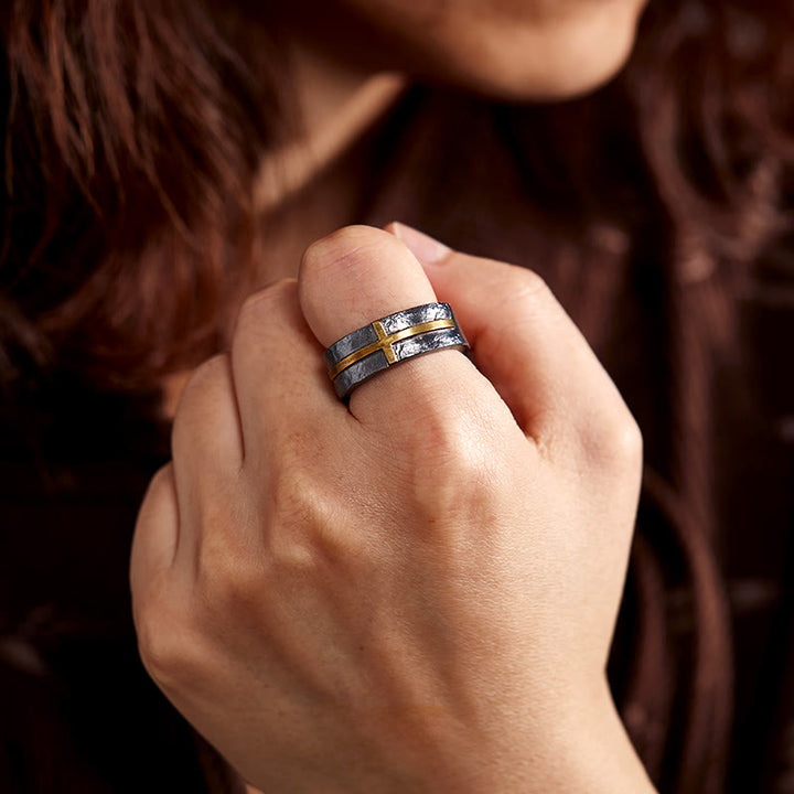 WorldNorse 999 Sterling Silver Dark Textured Forged Cross Ring - image 1