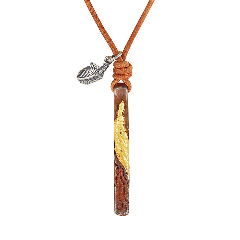 WorldNorse Handcrafted 999 Gold Textured Wave Feather Accent Necklace - Fire - image 2