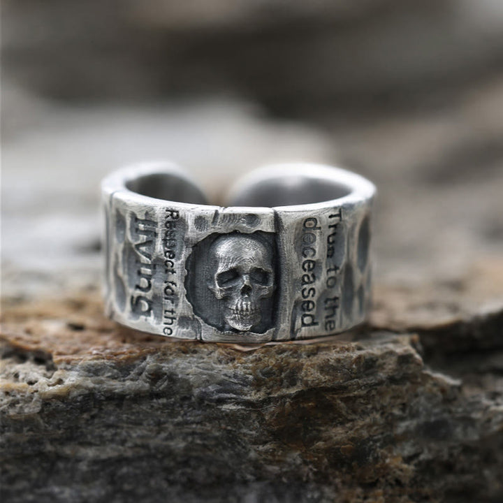 WorldNorse Handcrafted 999 Silver Skull Encrusted Inscribed Artisan Ring - Adjustable - NO THANKS - image 0