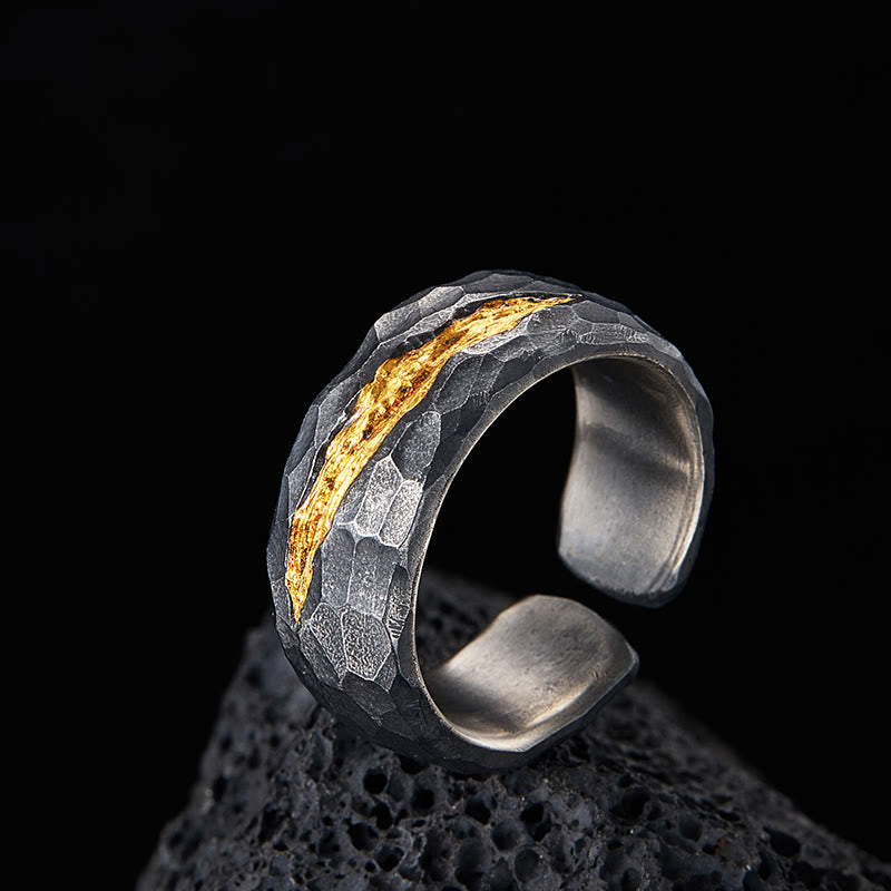 WorldNorse 999 Sterling Silver Lava Encrusted Gold Veined Ring - Retro Black （Inner Circumference 65-67.5 mm） - image 0