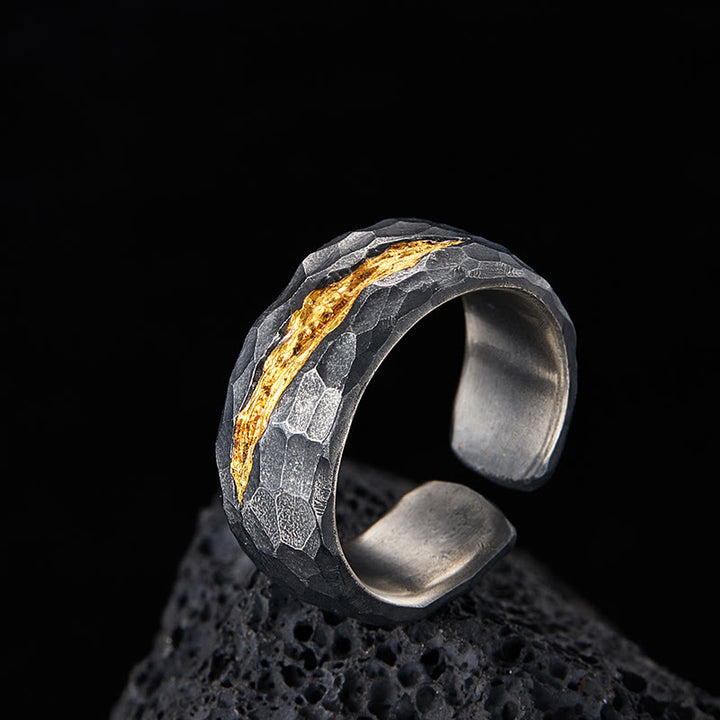 WorldNorse 999 Sterling Silver Lava Encrusted Gold Veined Ring - Retro Black （Inner Circumference 65-67.5 mm） - image 0