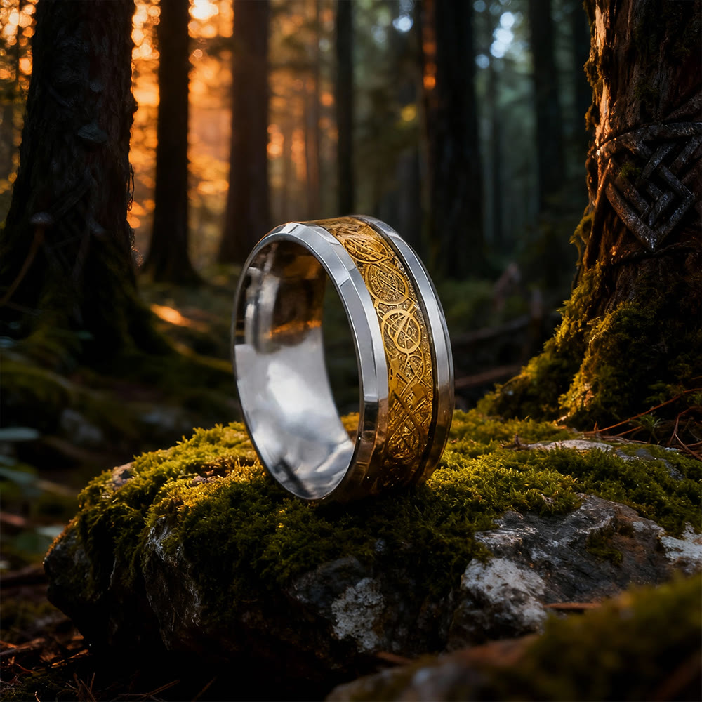 WorldNorse Tungsten Carbide Celtic with Dragon Ring - Silver & Gold - UK Size Y（US 12） - image 0