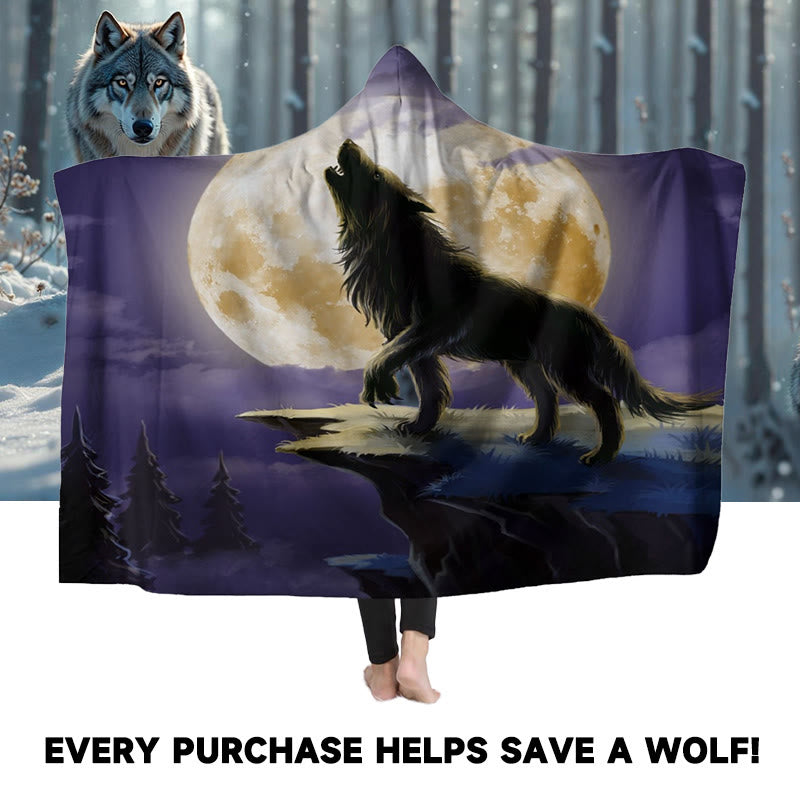 WorldNorse Golden Moon Cliff Wolf Hooded Blanket - image 0
