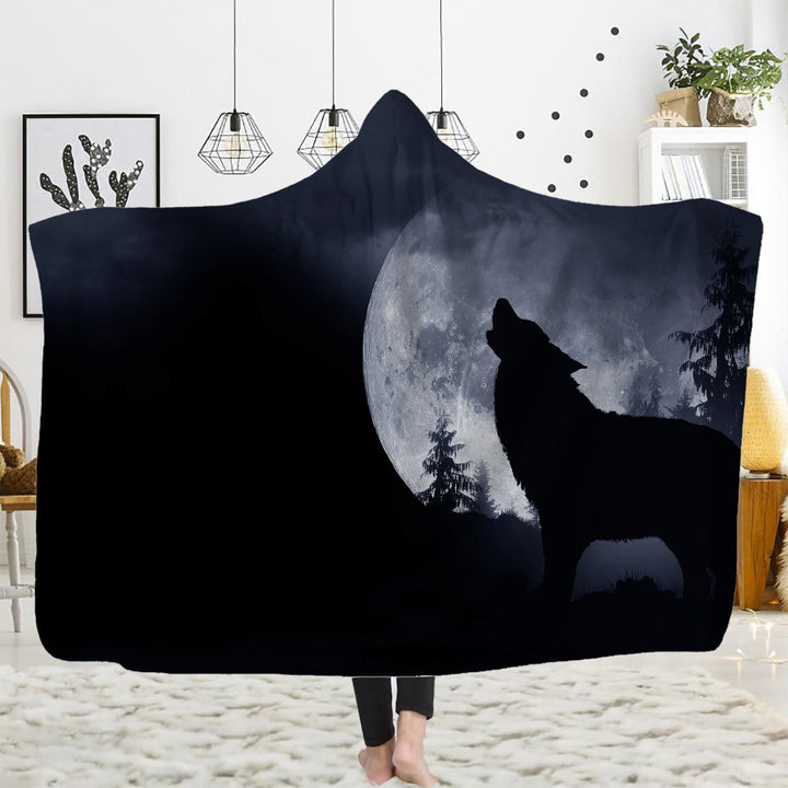 WorldNorse Golden Moon Cliff Wolf Hooded Blanket - Midnight Moon Wolf - 150x200cm - image 6