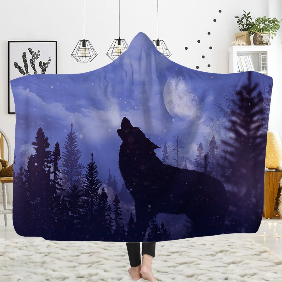 WorldNorse Golden Moon Cliff Wolf Hooded Blanket - Lavender Sky Wolf - 150x200cm - image 5