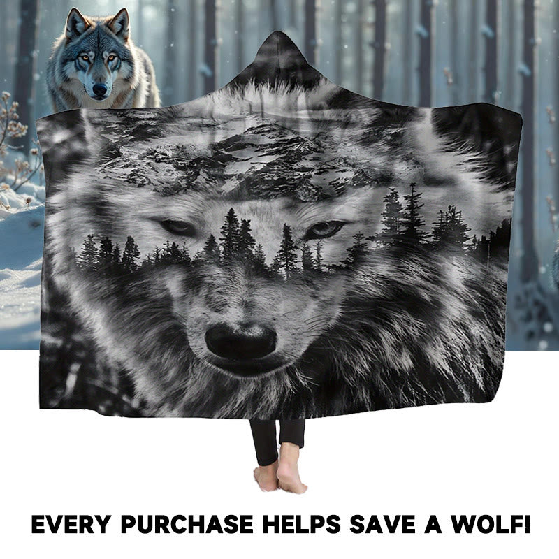 WorldNorse Mountainscape Pinewood Wolf Hooded Blanket - image 0