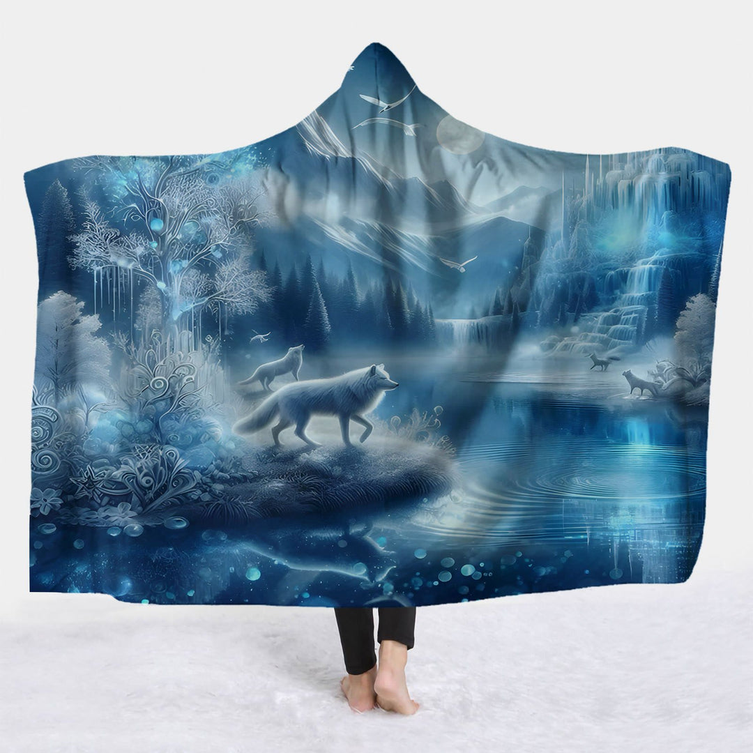 WorldNorse Ethereal Azure Frostwood Wolf Hooded Blanket - 150x200cm - image 1