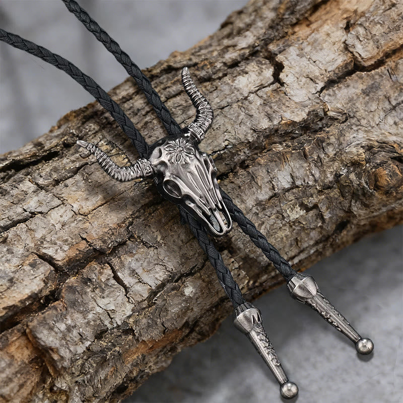 WorldNorse Bull Skull Motif Braided Leather Necklace - Retro Silver - image 3