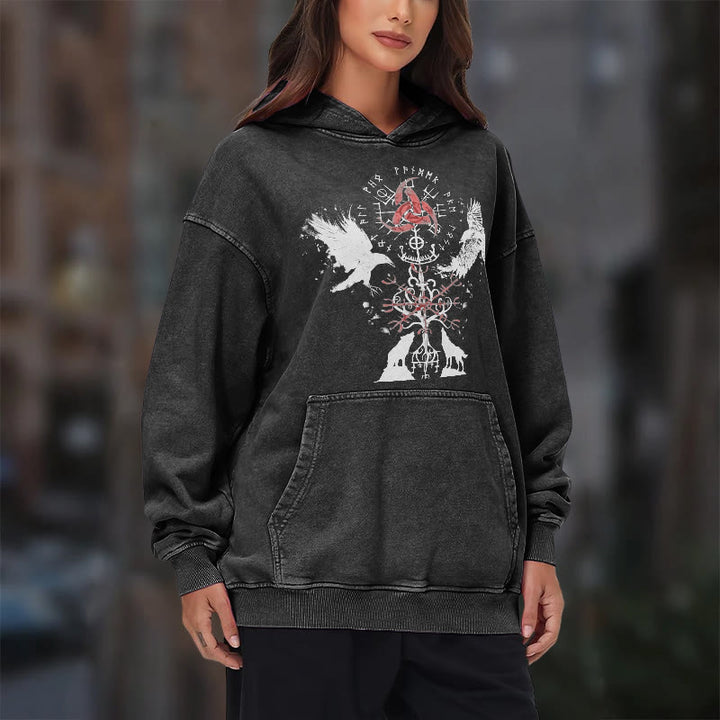 WorldNorse Vegvisir Raven Wolf Yggdrasil Washed Hoodie - image 11