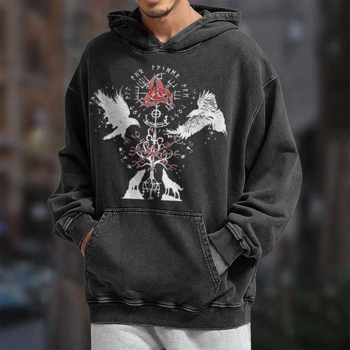 WorldNorse Vegvisir Raven Wolf Yggdrasil Washed Hoodie - image 7