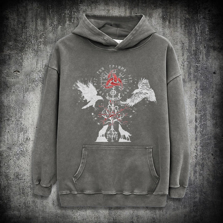 WorldNorse Vegvisir Raven Wolf Yggdrasil Washed Hoodie - Grey - 3XL - image 12