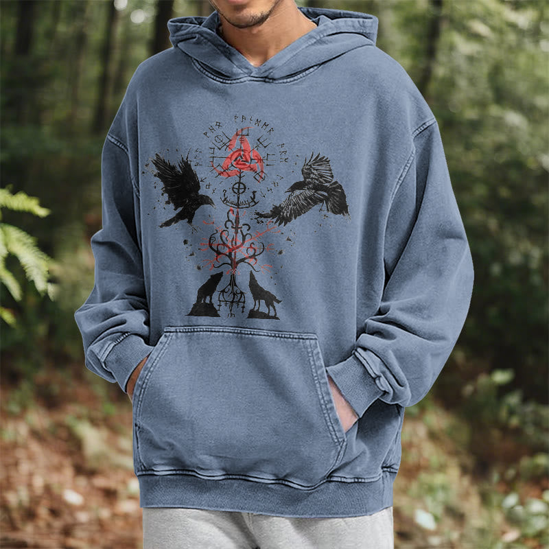 WorldNorse Vegvisir Raven Wolf Yggdrasil Washed Hoodie - image 17