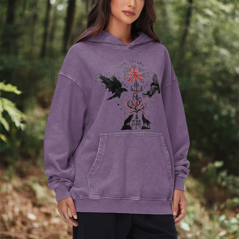 WorldNorse Vegvisir Raven Wolf Yggdrasil Washed Hoodie - image 26