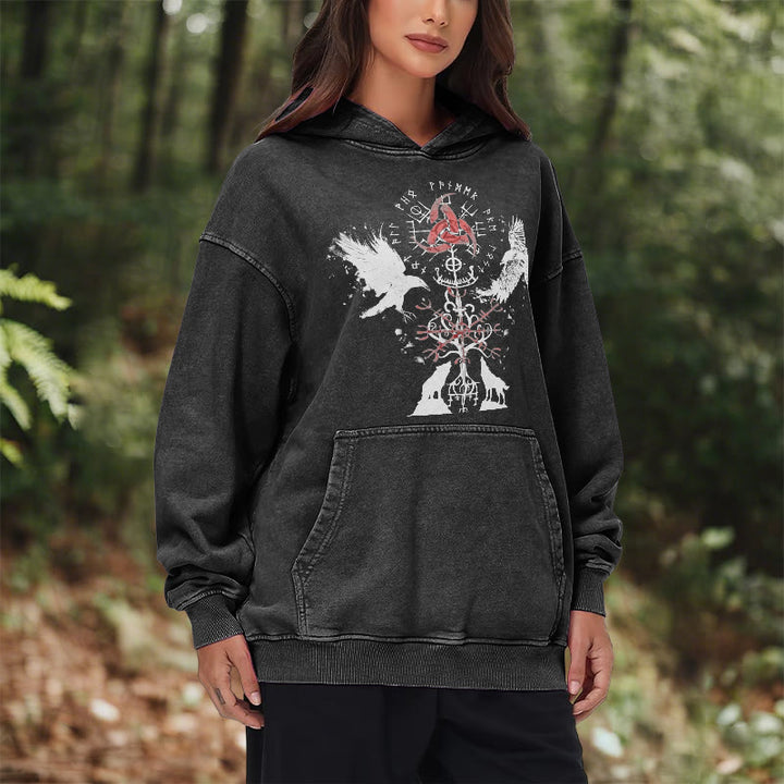WorldNorse Vegvisir Raven Wolf Yggdrasil Washed Hoodie - image 10
