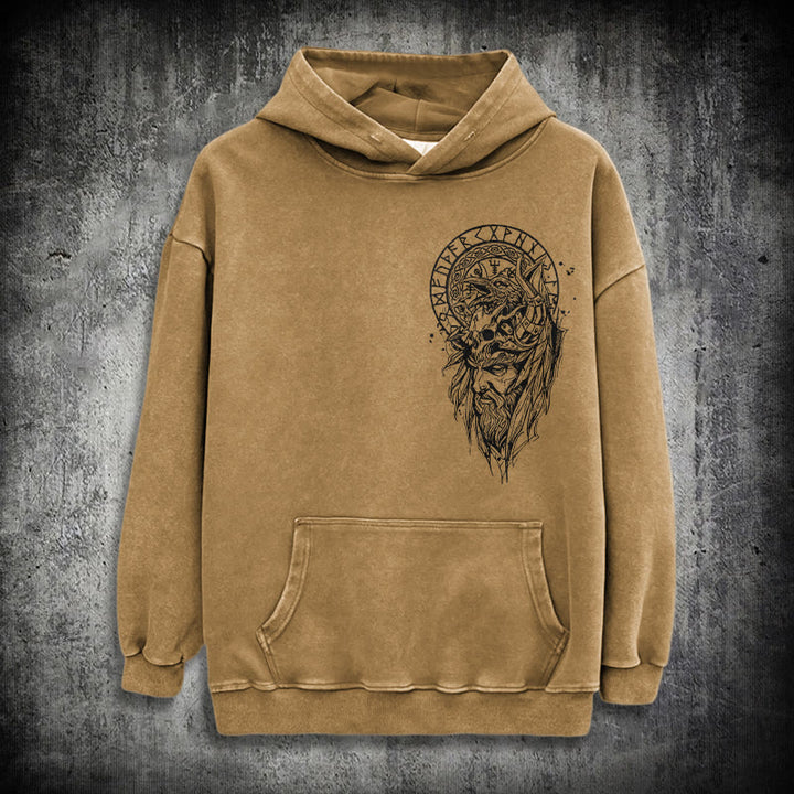 WorldNorse Viking Elder Rune Emblem Washed Hoodie - Khaki - 3XL - image 19