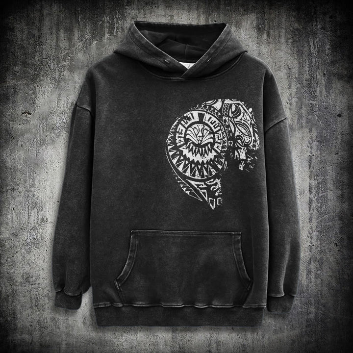 WorldNorse Intricate Tribal Skull Washed Hoodie - Black - 3XL - image 0