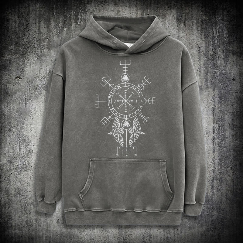 WorldNorse Rune Helm of Awe Raven Washed Hoodie - Grey - 3XL - image 12