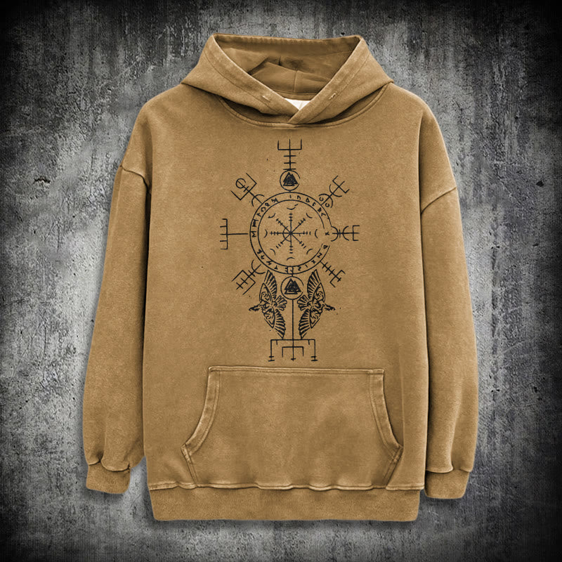 WorldNorse Rune Helm of Awe Raven Washed Hoodie - Khaki - 3XL - image 19