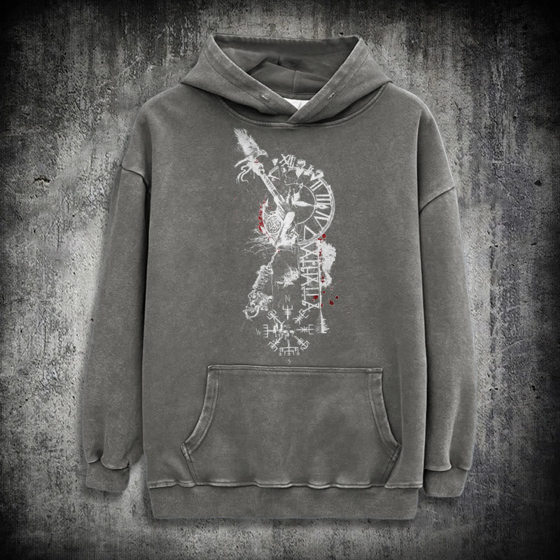 WorldNorse Clock Rune Spear Blood Splatter Washed Hoodie - Grey - 3XL - image 12
