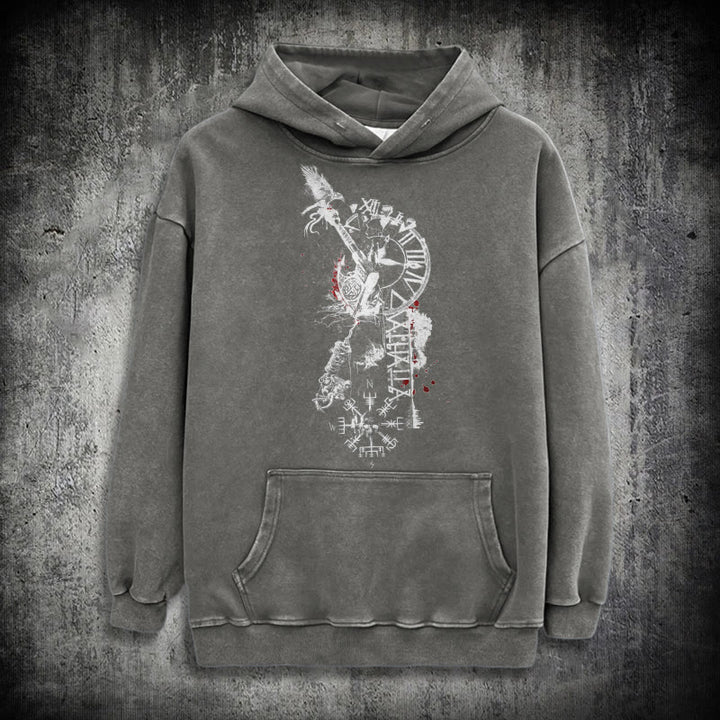 WorldNorse Clock Rune Spear Blood Splatter Washed Hoodie - Grey - 3XL - image 12