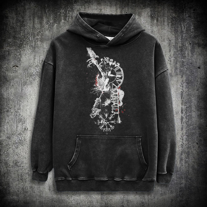 WorldNorse Clock Rune Spear Blood Splatter Washed Hoodie - Black - 3XL - image 0