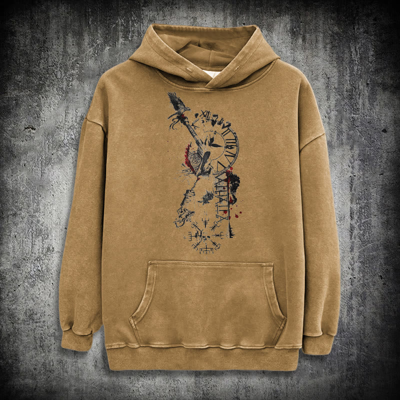 WorldNorse Clock Rune Spear Blood Splatter Washed Hoodie - Khaki - 3XL - image 19
