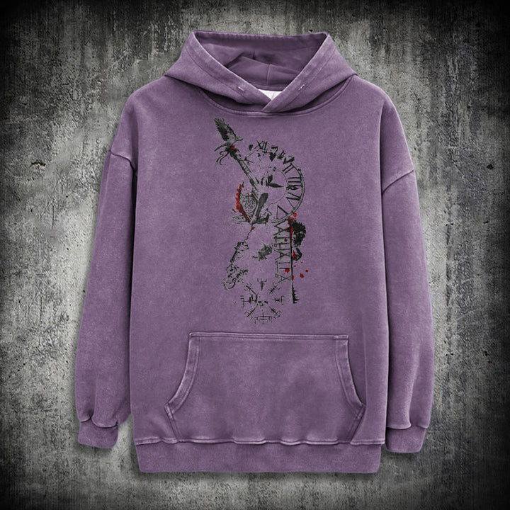WorldNorse Clock Rune Spear Blood Splatter Washed Hoodie - Purple - 3XL - image 23
